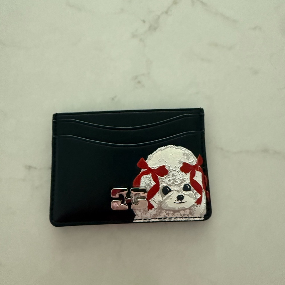Ganni Black Card & Key Holder with White Puppy and Red Bows